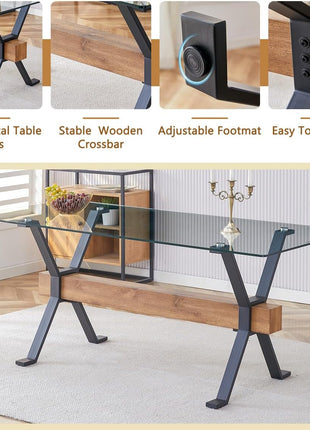 7-Piece Tempered Glass Dining Table Set for 6 with Metal Legs and MDF Crossbar, Featuring 6 Suede Dining Chairs for Kitchen and Dining Room