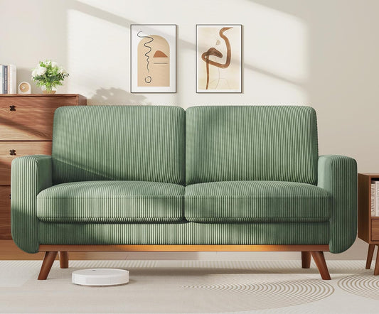 68" Loveseat Sofa - Green, Comfy Corduroy with Spring Cushion, Solid Wood Frame, Modern Deep Seat, Bedroom & Living Room, Office Couch