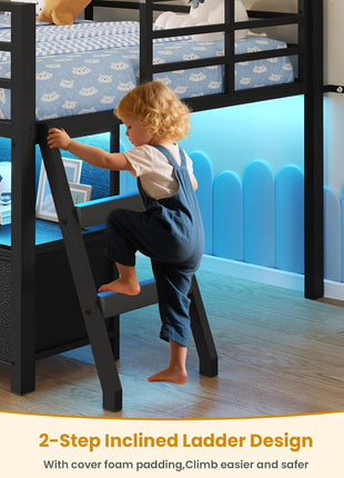 Twin Size Low Loft Bed with 7 Storage Drawers, Bookcase, LED Lights, Safety Guardrail, Inclined Ladder, Play Curtain, and Under-Bed Play Space in Black