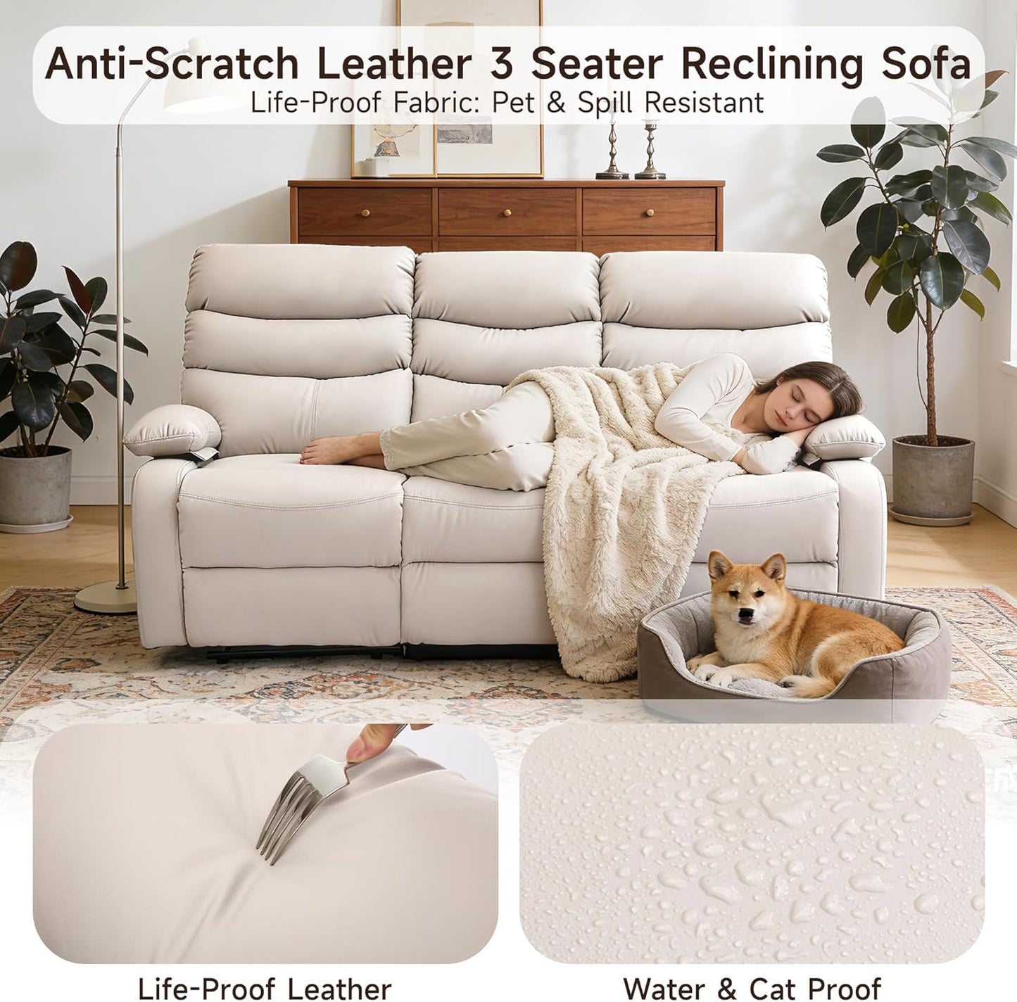 3 Seater Recliner Sofa Set, Anti-Scratch Reclining Loveseat Sofa & Couch for Living Room, RV, Home Theater Apartment(Beige, 3 Seater Sofa)