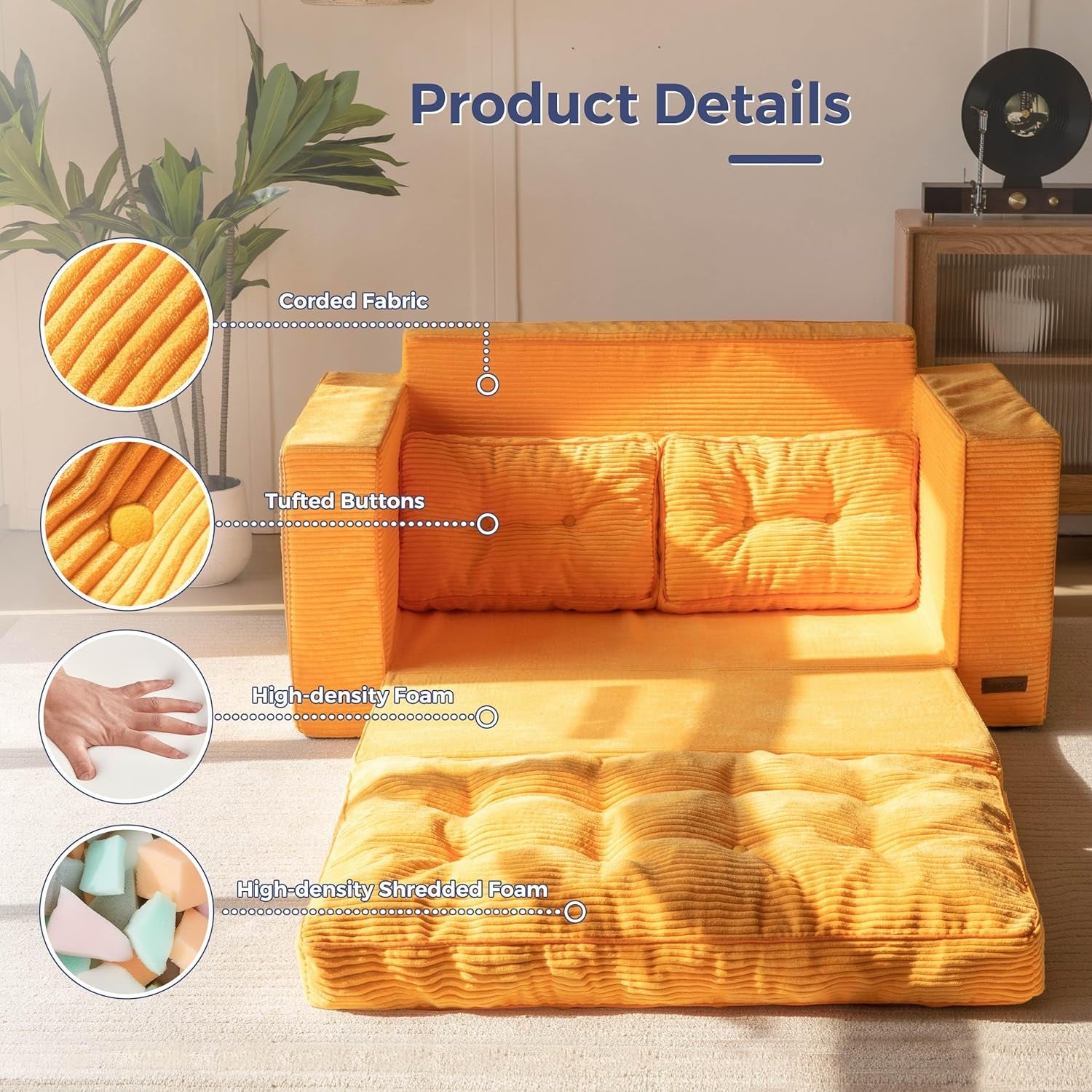Convertible Sofa Bed, Pull Out Loveseat Sleeper Sofa, 2 in 1 Folding Couch Bed, Fold Out Floor Couch with Pillows for Living Room Bedroom Lounge, Orange