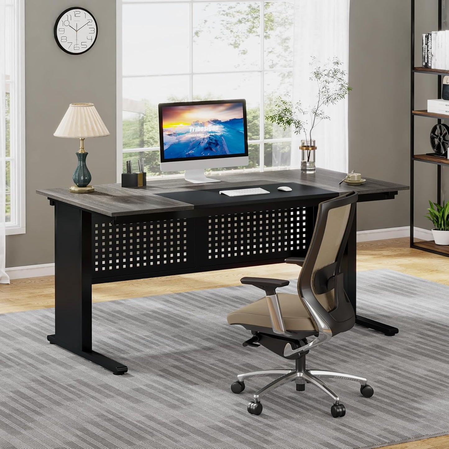 63 Inch Executive Desk with File Cabinet, L Shaped Office Desk with Drawers and Storage Shelves, Business Furniture Set Workstation for Home Office, Gray and Black