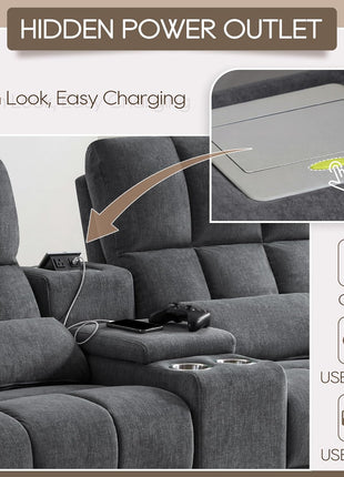 Luxurious Loveseat Recliner Sofa with 30° Rocker Function, Cat-Resistant Fabric, Manual Recline, Ideal for Living Room and Nursery, Featuring Phone Holder, Hidden Socket, and Console (Grey)