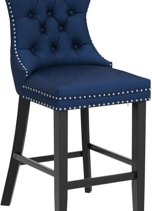 Set of 4 Modern Velvet Bar Stools with Wooden Legs, Button Tufted Design, and Chrome Nailhead Accents (Blue)