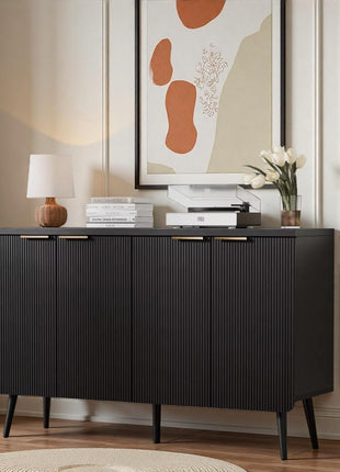 47.2" Contemporary Fluted Sideboard Cabinet with Four Doors, Wooden Storage Credenza with Shelves, Versatile Buffet Cabinet for Entryway, Dining, and Living Room, Black