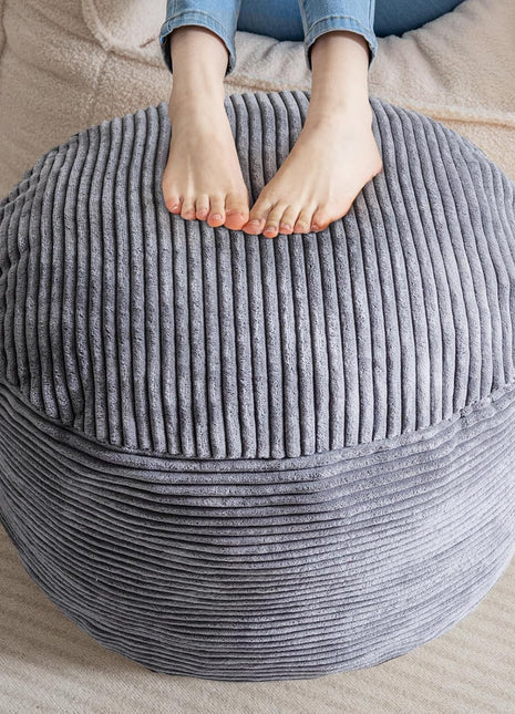 Round Corduroy Pouf Ottoman with Foam Filling - Fluffy Footstool and Storage Solution, 20 x 15 Inches, Dark Grey