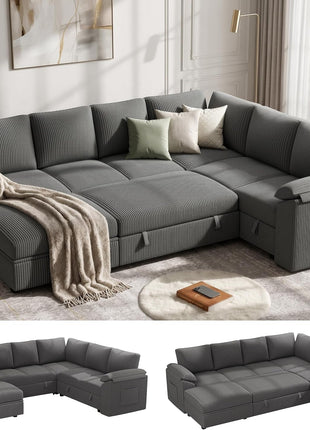 108-Inch U-Shaped Modular Sectional Sleeper Sofa Bed, 7-Seat Design with Storage, Corduroy Fabric, Removable Cover, Dark Grey