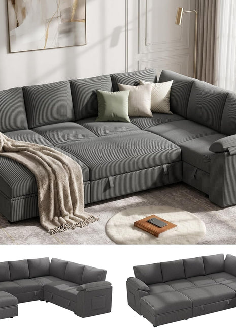 108-Inch U-Shaped Modular Sectional Sleeper Sofa Bed, 7-Seat Design with Storage, Corduroy Fabric, Removable Cover, Dark Grey