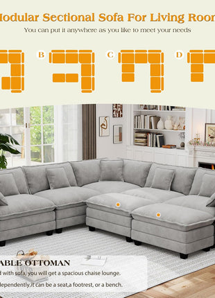 113.8" Modular Sectional Sofa - Modern Deep Seat Cloud Couch for Living Room, 5-Seater Chenille Fabric L-Shaped Sofa with Throw Pillows and Movable Ottoman for Apartments