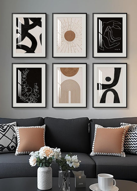 Framed Set of 6 Bohemian Black and White Modern Abstract Wall Art for Living Spaces, Minimalist Geometric Sun Prints for Bedroom, Office, and Bathroom Decor, 11x14 Inches