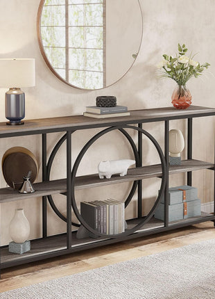 70.9-Inch Extra Long Narrow Console Table with Three-Tier Wooden Storage Shelves and Metal Frame for Entryway, Hallway, and Living Room - Black Rustic Gray