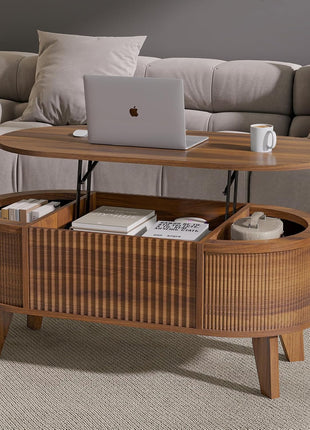 Contemporary Oval Fluted Lift-Top Coffee Table with Storage for Living Room or Home Office in Walnut Finish