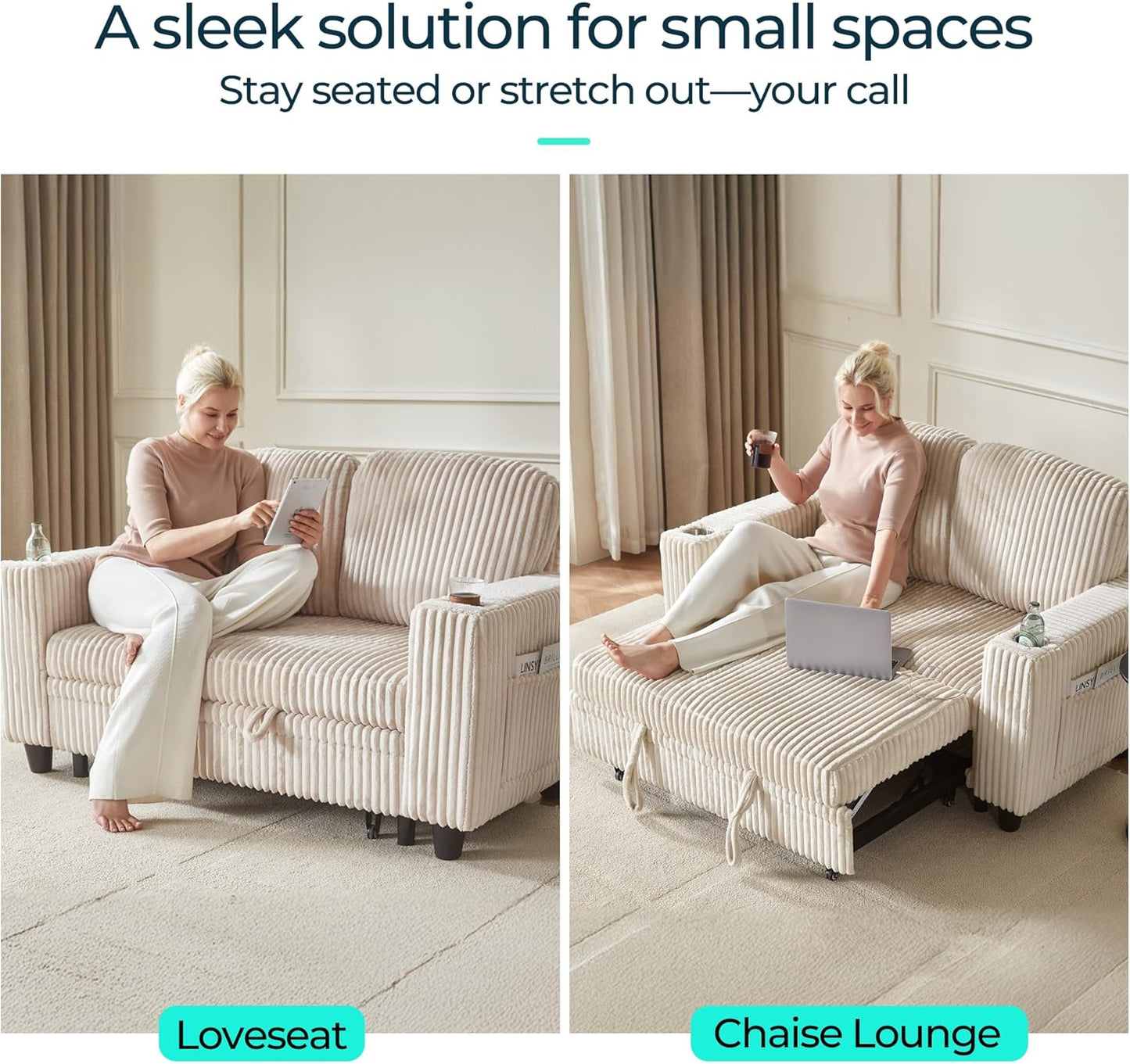 Loveseat Sofa with Pull Out Couch Chaise: 2-In-1 Convertible 2 Seater Sofa with USB Charging & Cup Holders, Comfy Plush Corduroy Love Seat for Small Spaces Living Room Apartment, Beige