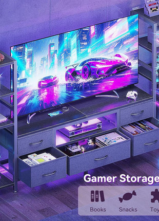 Sleek Low-Profile TV Stand for 40-55 Inch TVs with LED Lighting and Power Outlets, Includes Drawers and Open Shelves for Compact Storage, Perfect for Living Rooms and Gaming, Black