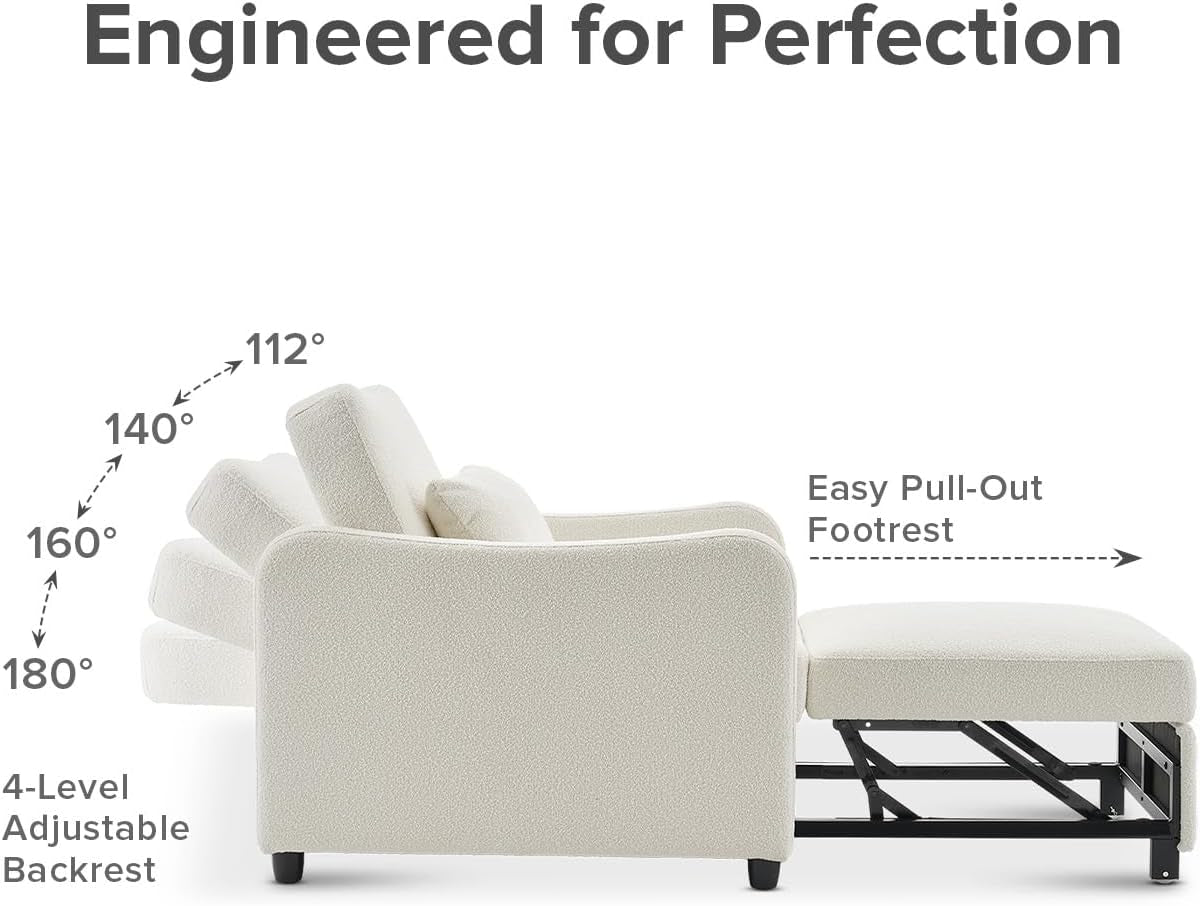 Sophie 4-In-1 Convertible Sleeper Chair Bed, Accent Chair, Chaise Lounge, Comfy Reading Armchair, Pull Out Sofa Bed with Adjustable Backrest for Living Room, Bedroom (Pearl White Boucle)