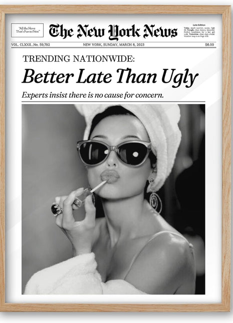 Natural Oak Wood Framed Audrey Hepburn Wall Art - 12x16 Vintage Canvas Decor for Bedroom, Bathroom, and Dorm Room - Better Late than Ugly - Single Pack