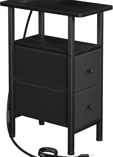 Narrow End Table with Integrated Charging Station - Slim Side Table Featuring Fabric Drawers for Living Room and Bedroom, Perfect for Compact Spaces, Black, Model HETNDP02BK-1