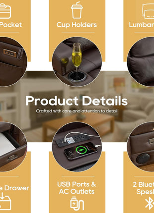 Premium Power Recliner Sofa with Flip-Up Backrest Console, USB & USB-C Ports, AC Outlet, LED Lighting, Space-Saving Design for Living Room and RV (Brown, 67" - 3 Seats) | Faux Leather, Zero Gravity, Dual Reclining, Includes 2 Lumbar Pillows and Bluetooth Speakers