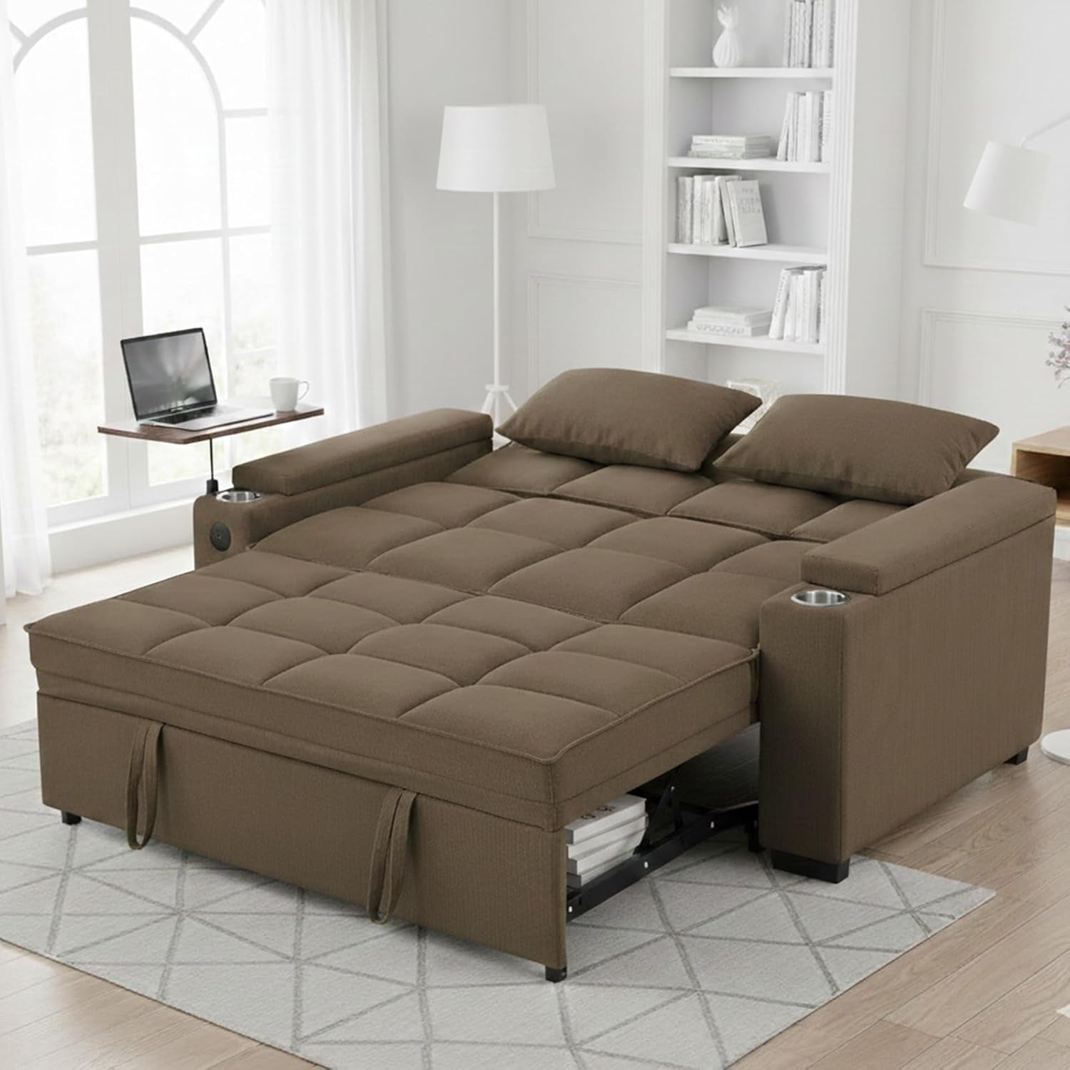 Convertible Sleeper Sofa Bed with 360° Swivel Table & USB Ports, Tufted Chenille Loveseat Pull-Out Couch with Storage Armrest & Cup Holders, 6-Level Adjustable Backrest