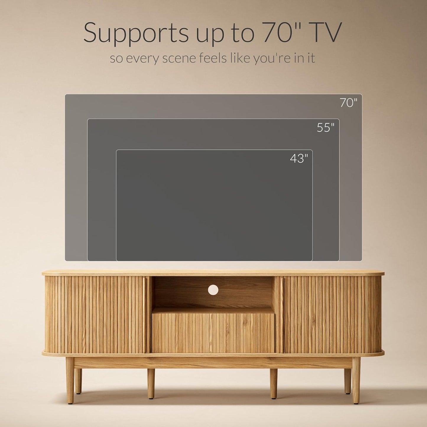 Modern TV Stand for 45/55/70 Inch TV, Entertainment Center with Sliding Doors and Storage, Wood TV Stand for Bedroom, Living Room, Natural