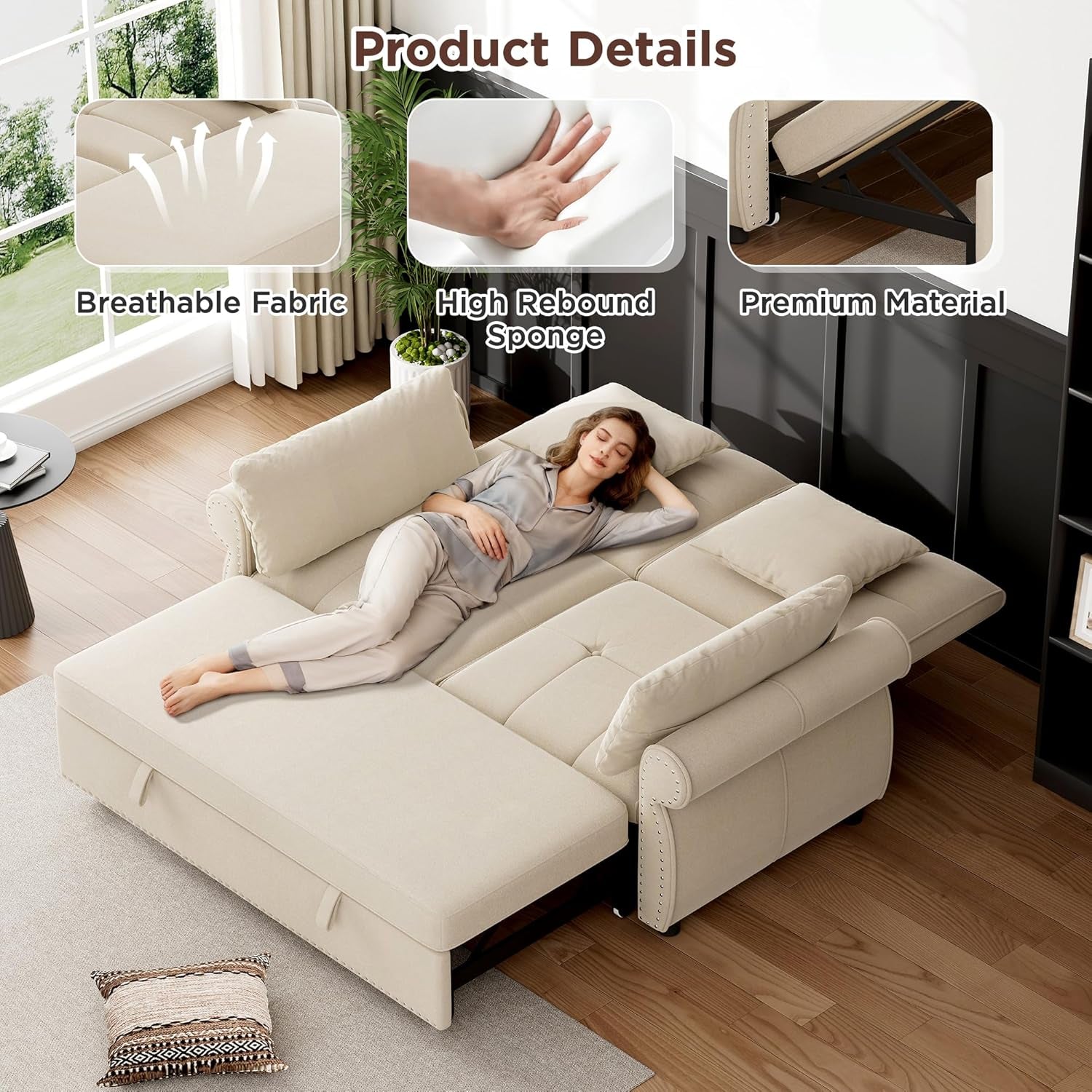3 in 1 Sofa Bed, 61 Inch Convertible Pull Out Couch with Four Pillows, Loveseat Sleeper Sofa with Adjustable Backrest, Sofa Couches for Living Room, Bedroom, Apartment, Chenille Fabric, Beige