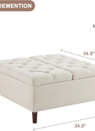 35-Inch Extra Large Upholstered Storage Ottoman Coffee Table, No Assembly Required, Oversized Square Design in Beige Fabric for Living Room