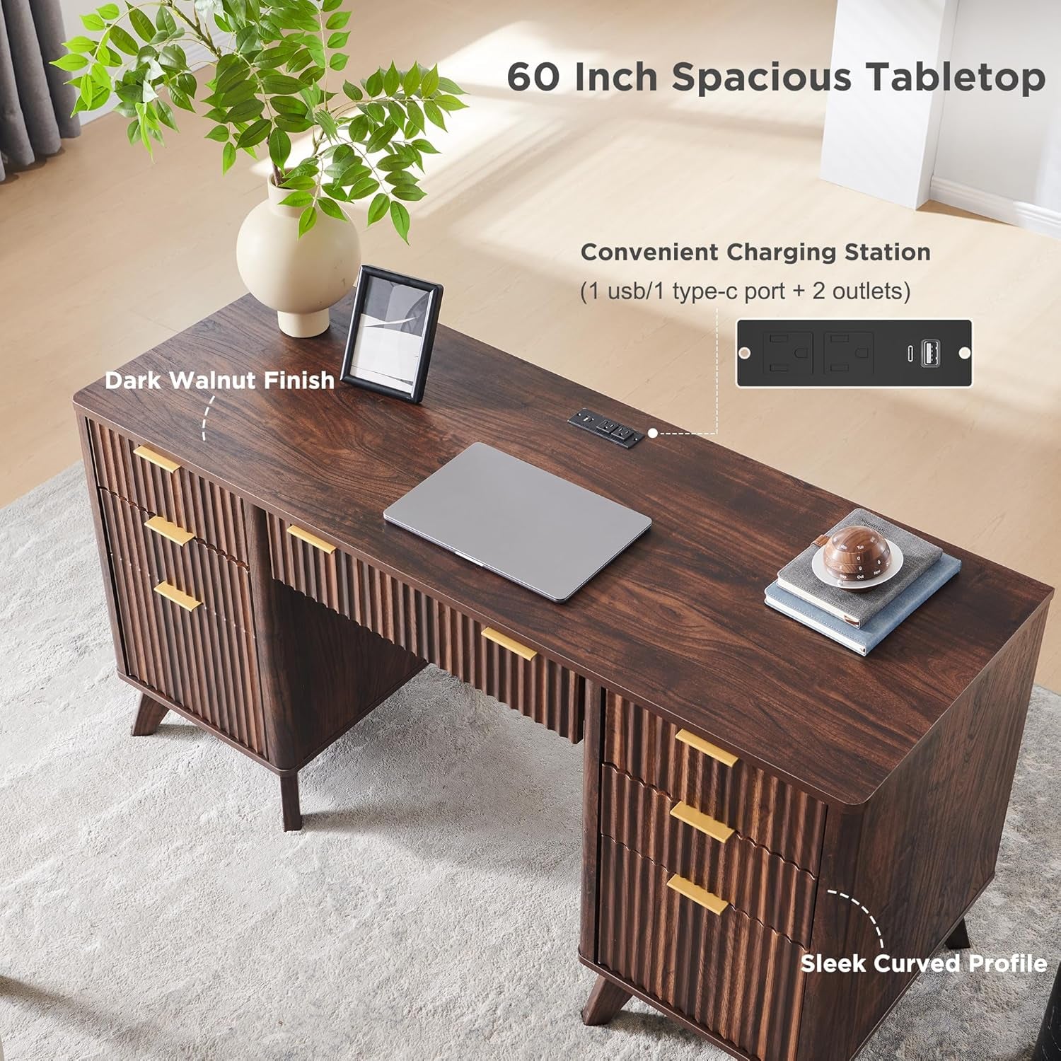 Fluted Executive Desk with Drawers, 60" Modern Home Office Computer Desk with Charging Station, File Cabinet, Keyboard Tray and Storage Cabinet for Study, Living Room, Bedroom, Dark Walnut