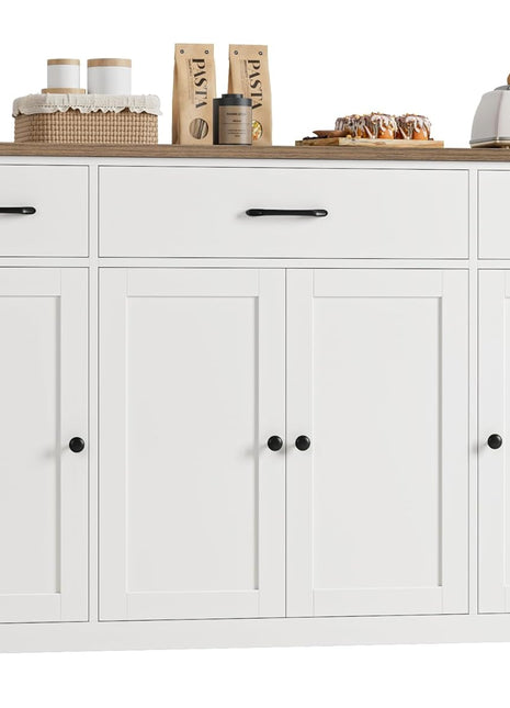55-Inch Contemporary Farmhouse Buffet Cabinet with Drawers, Versatile Kitchen Storage Solution Featuring Adjustable Shelves, Perfect for Coffee Bar in Kitchen, Dining Room, or Living Room, White Finish