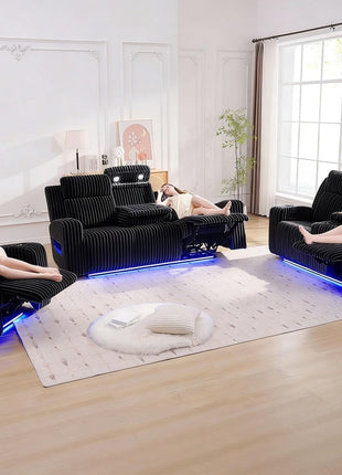 Power Reclining Sofa Set with Adjustable Headrests, Zero Gravity Recliner Couch with Console, Drop-Down Table, Bass Speakers, and Reading Light for Living Room (Black)