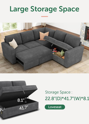 Stylish Dark Grey Modular Sectional Sleeper Sofa with Pull-Out Bed and Storage - Versatile L-Shaped Couch for Living Room Aesthetics