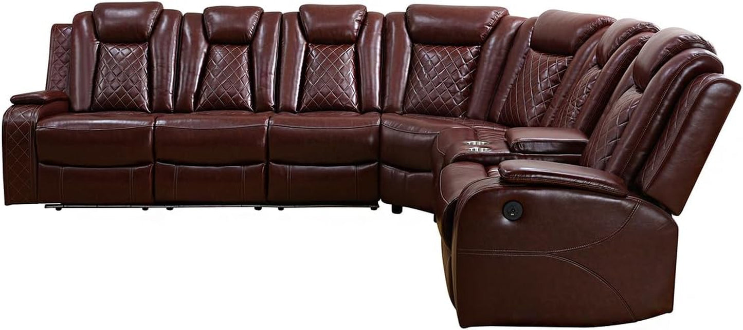 Power Recliner Sectional Sofa Set for Living Room Furniture Sets,Leather Reclining Couch Set with LED Lights,L- Shaped Leather Couch for Living Room/Home Theater/Club(Burgundy,Sectional)