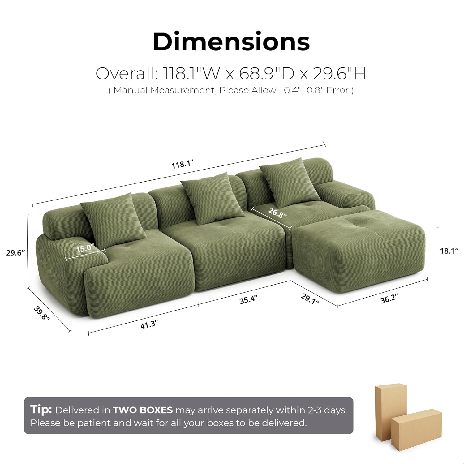 118" Modular Sectional Sofa with Ottoman, L-Shaped Boneless Couch with Deep Seat for Living Room, No Assembly Required, Corduroy Upholstery, Olive Green
