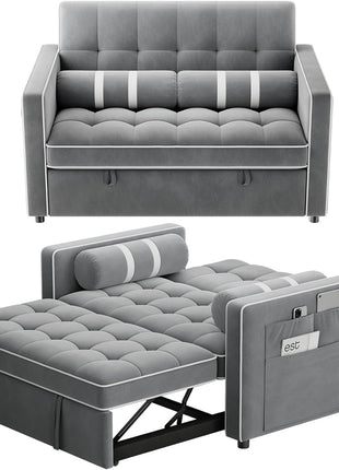 3-in-1 Convertible Futon Sleeper Sofa Bed with USB Charging, Side Pockets, and Adjustable Backrest - Elegant Grey Velvet Upholstery for Living Room and Apartment