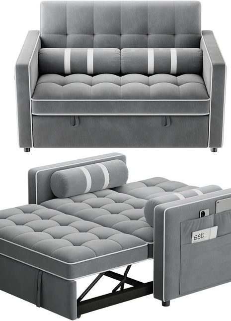 3-in-1 Convertible Futon Sleeper Sofa Bed with USB Charging, Side Pockets, and Adjustable Backrest - Elegant Grey Velvet Upholstery for Living Room and Apartment