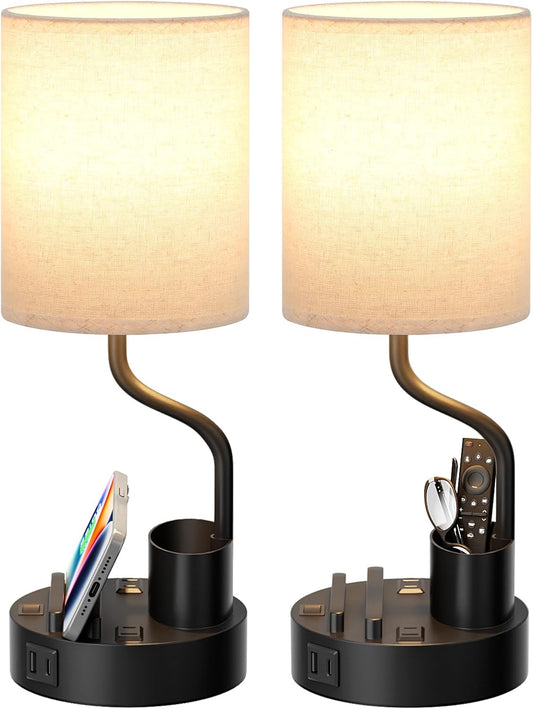 Bedside Table Lamps for Bedroom Set of 2 - Nightstand Light with AC Outlet and USB a & C for Charging, 3 Color Temperatures, Study Desk Lamp with Pen Holder & Phone Stand for Living Room/Dorm/Office