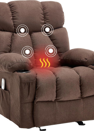 Ergonomic Massage Rocker Recliner Chair with Heat and Vibration - Overstuffed Lounge Chair for Living Room with 4 Side Pockets and 2 Cup Holders in Grey