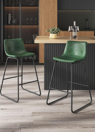 Set of 3 Contemporary 26-Inch Counter Height Bar Stools with Backrest, Faux Leather Upholstery, Metal Legs and Footrest, Perfect for Kitchen Islands (Green)