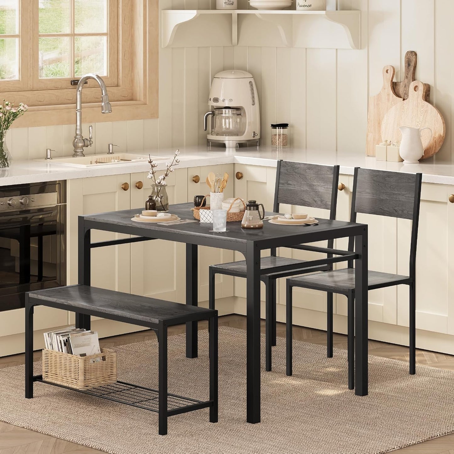 Kitchen Table and 2 Chairs for 4 with Bench, 4 Piece Dining Sets for Small Space, Dark Grey