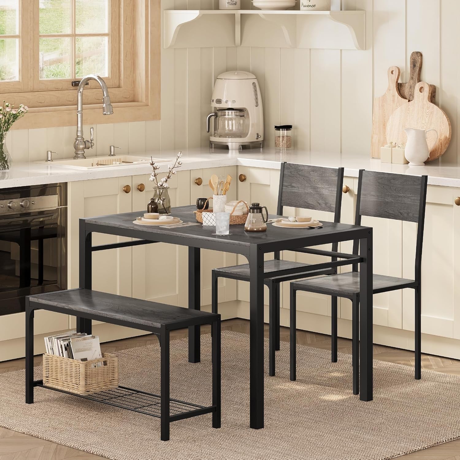 Kitchen Table and 2 Chairs for 4 with Bench, 4 Piece Dining Sets for Small Space, Dark Grey