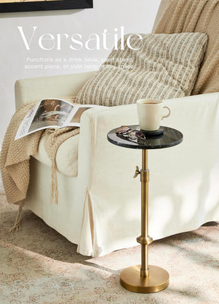 Adjustable-Height Modern Marble Accent Table - 10x10x22-30, Black Marble & Antique Brass, Round End Table with Pedestal Base for Compact Spaces, Vintage Metal Martini Cocktail Table