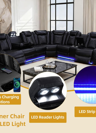Power Recliner Sofa Set with LED Lighting, Air Leather Sectional, Wireless Charging, Cup Holders, and Storage Console for Home Theater, Black