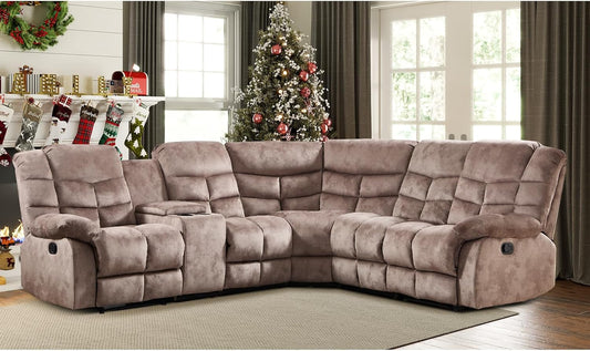Manual Reclining Sectional Sofa Set for Living Room, Soft Fabric Recliner Corner Sectional Couch with Center Console, Cup Holder and Storage, Brown