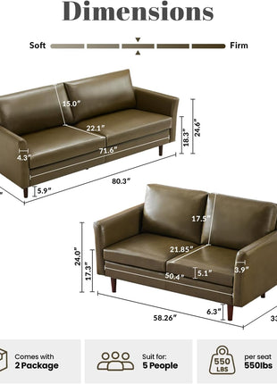 Mid-Century Modern Olive Green Faux Leather 3-Piece Sofa Set with Rolled Arms and Deep Seats, Ideal for Living Rooms and Apartments, Easy Assembly