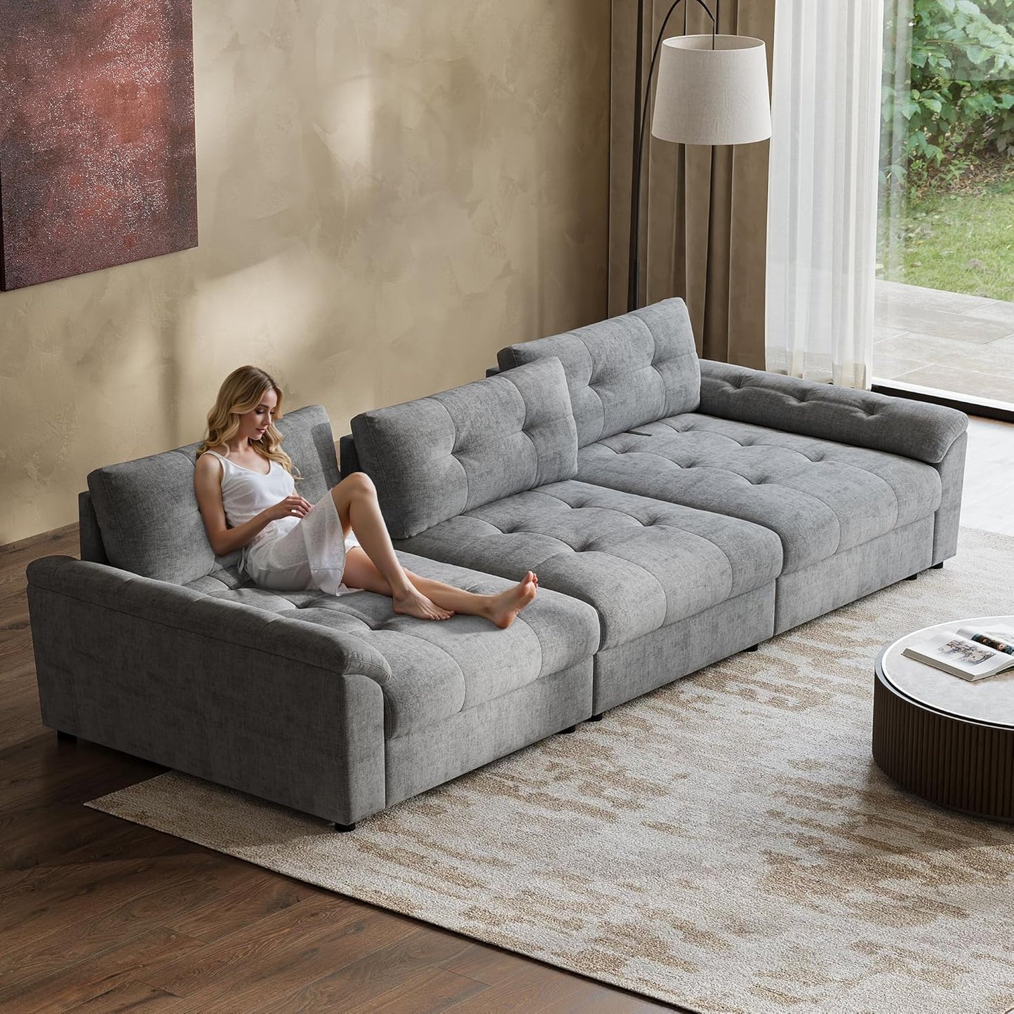 Oversized Sectional Couches for Living Room, Modular Sectional Sofa with Storage & Adjustable Back, Chenille Tufted Cloud Couch Deep Seat Loveseat Sofa, 3 Seater, Light Gray