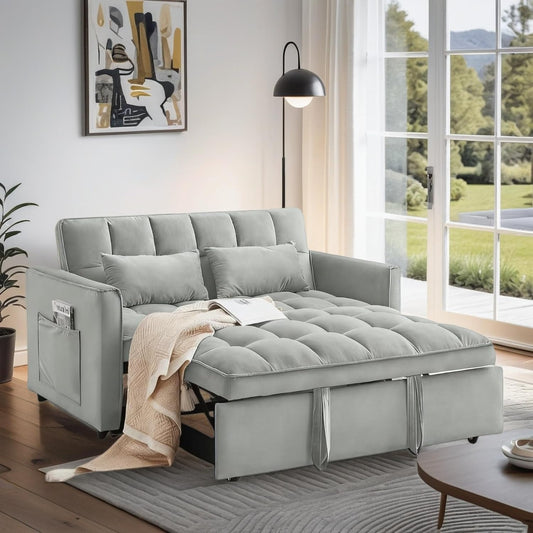Convertible Sofa Bed, Pull Out Couch with Side Pockets, 3 in 1 Velvet Fabric Loveseat Sleeper Sofa Bed, Pull Out Couch with Adjustable Backrest for Living Room, Bedroom, Apartment, Light Gray