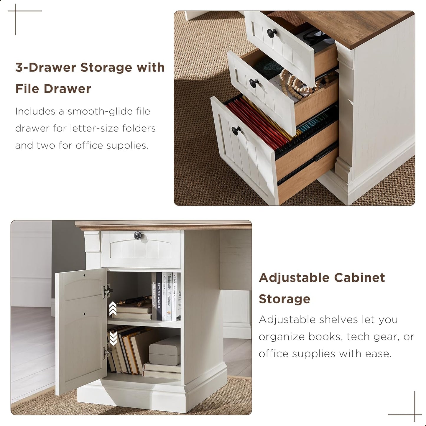 60" L Shaped Executive Desk with Drawers, Farmhouse Home Office Desk with Charging Station, File Cabinet Storage, Wood Corner Computer Desk for Work and Study, Antique White