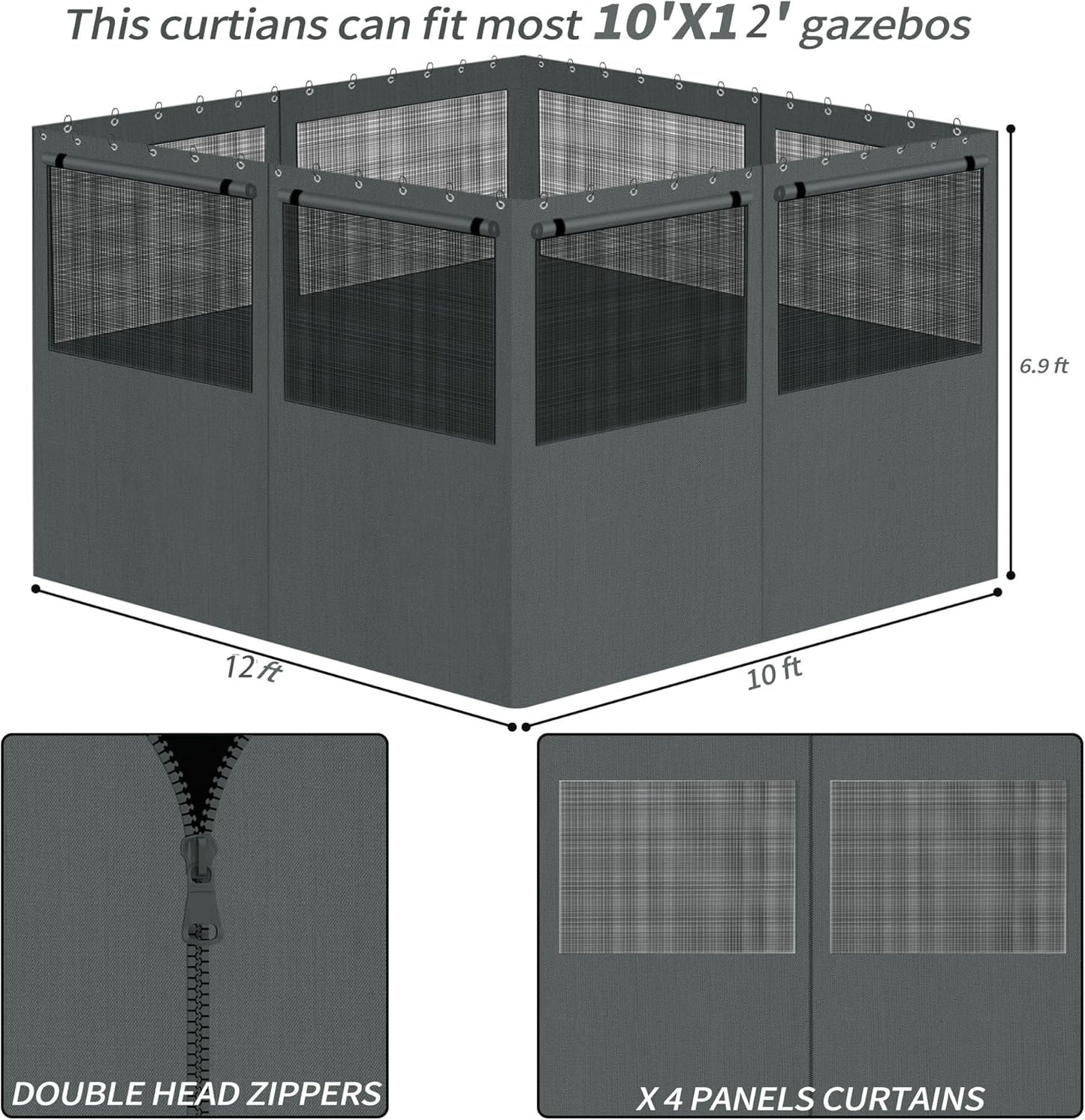 Gazebo Privacy Curtains 10' X 12' with Mosquito Windows, 4-Panels Side Wall with Zipper Universal Replacement for Patio, Outdoor Canopy, Garden and Backyard, Gray (Curtain Only)