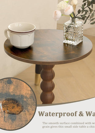 Compact Modern Round Side Table with Solid Wood Legs for Living Room, Bedroom, and Office in Rustic Brown