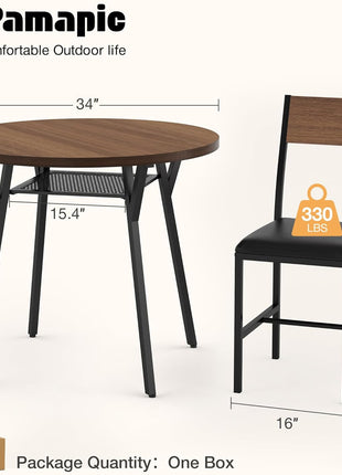 Round Dining Table Set for Four - Compact Kitchen and Dining Room Furniture with Durable Metal Frame and Walnut Finish