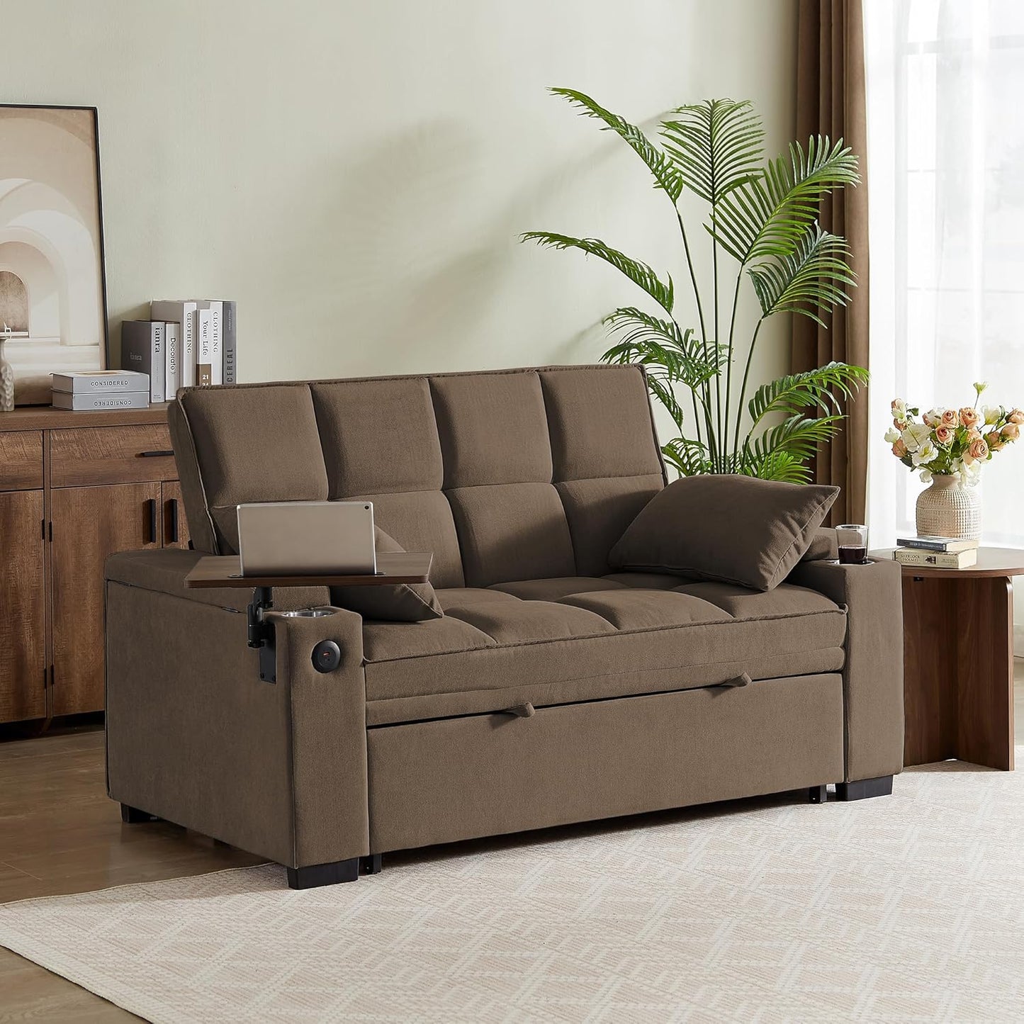 Convertible Sleeper Sofa Bed with 360° Swivel Table & USB Ports, Tufted Chenille Loveseat Pull-Out Couch with Storage Armrest & Cup Holders, 6-Level Adjustable Backrest